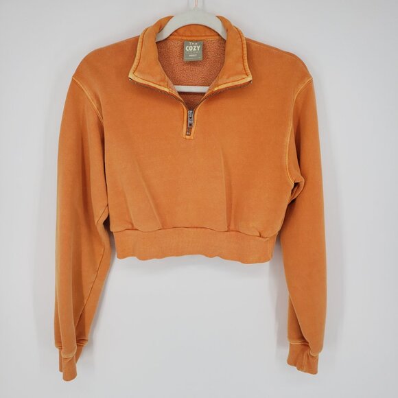 Aritzia Tna Cozy Fleece Perfect Cropped Quarter Zip Sweatshirt XS  Faded Orange - Picture 1 of 8